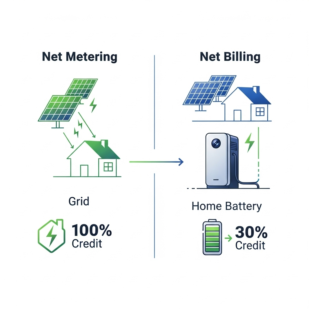 Net Metering vs Net Billing: Impacts on ESS Sizing and ROI