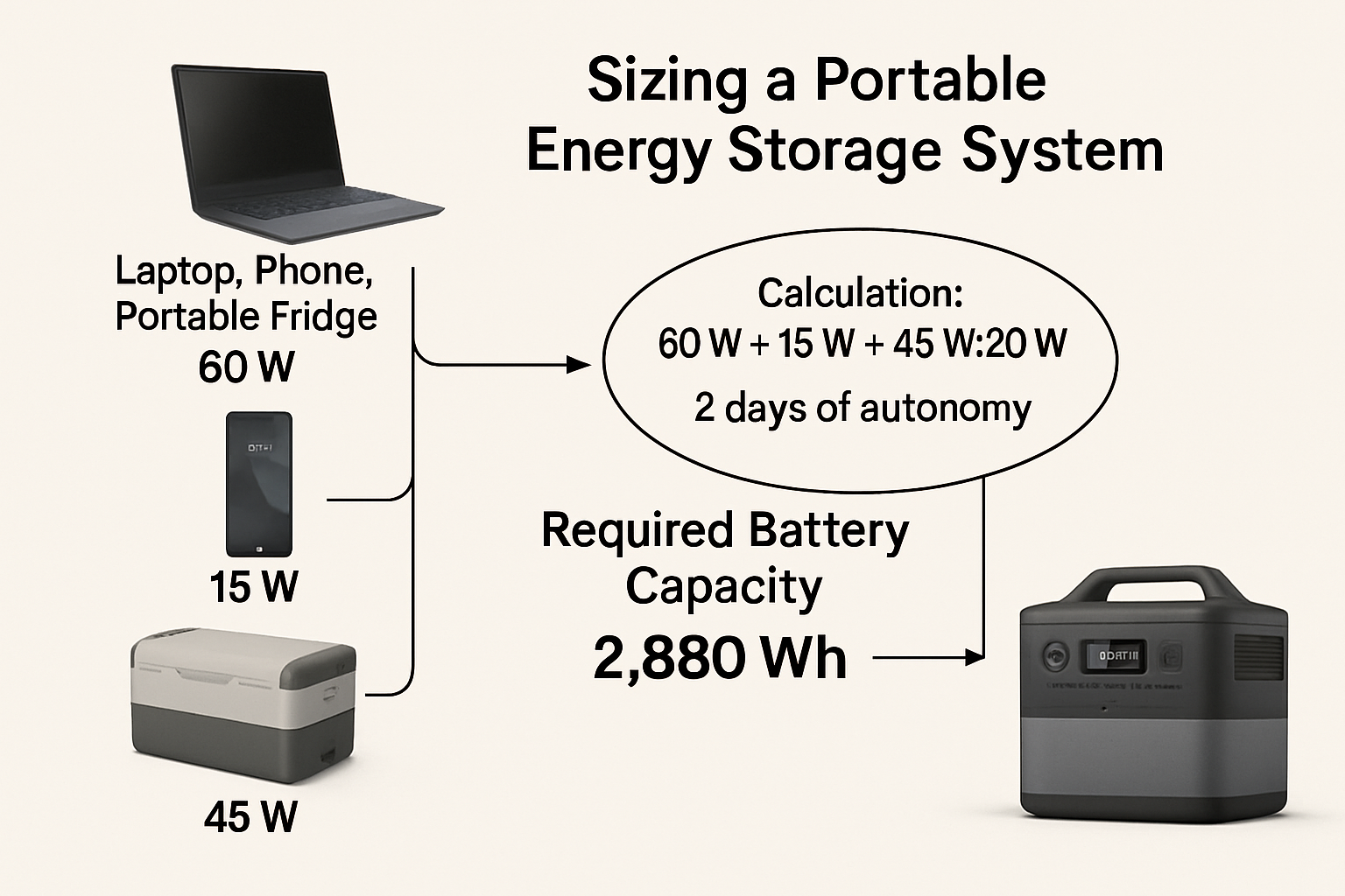 Portable ESS sizing: match load profiles to autonomy targets
