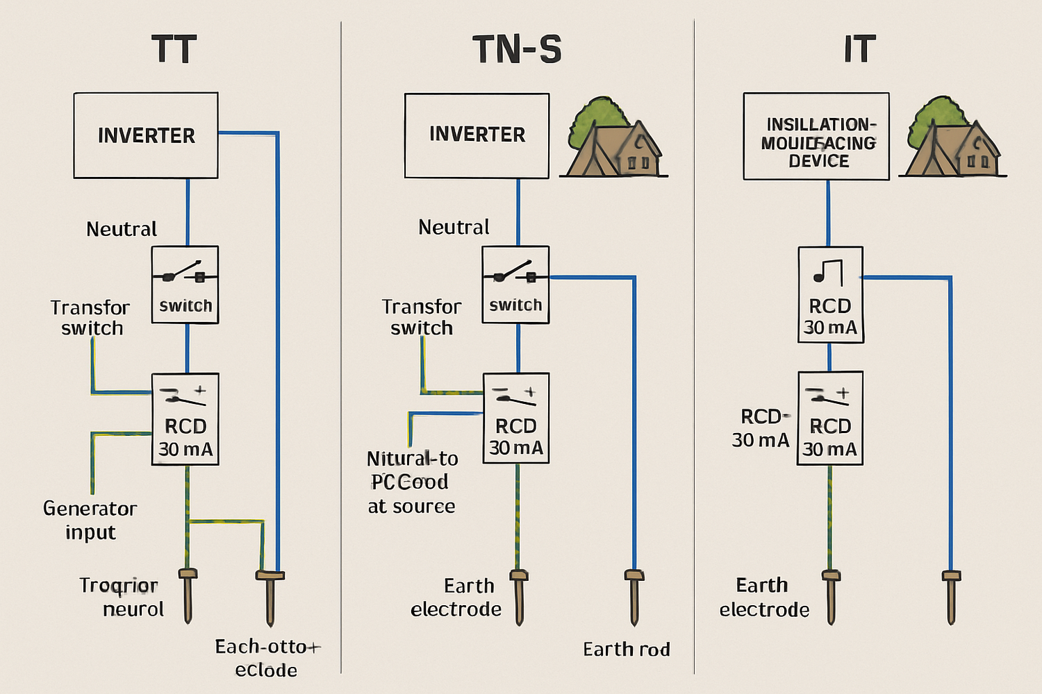 Off-grid campsite safety: Configure neutral and fault paths