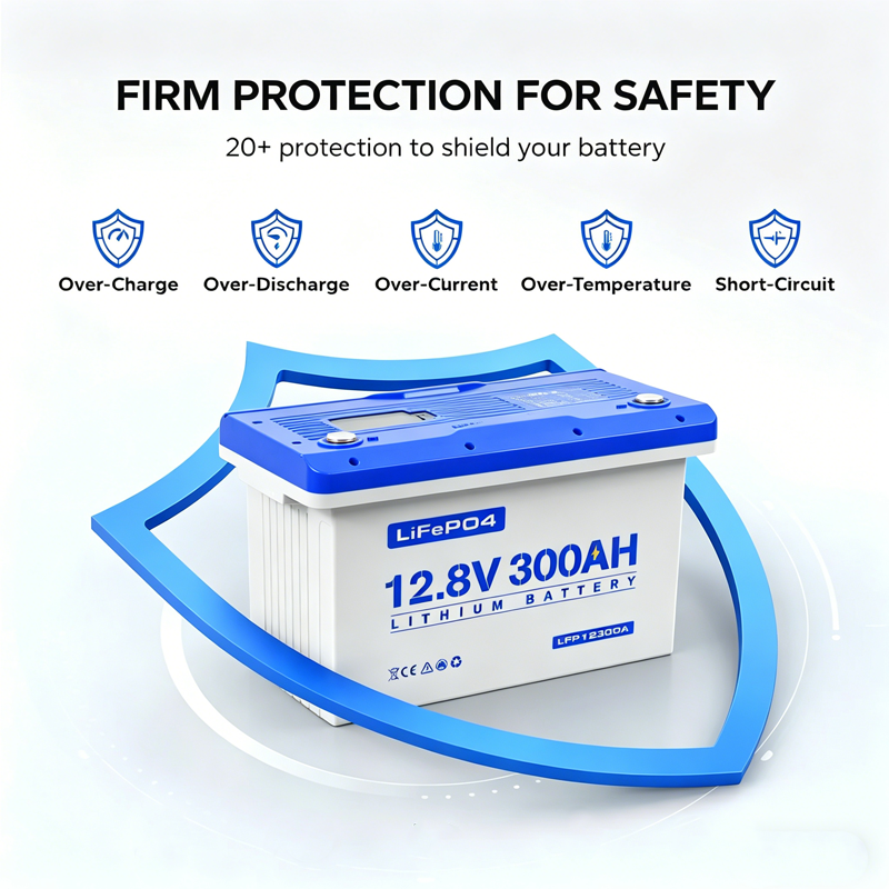 12.8V 300Ah LiFePO4 lithium battery featuring white case and blue top