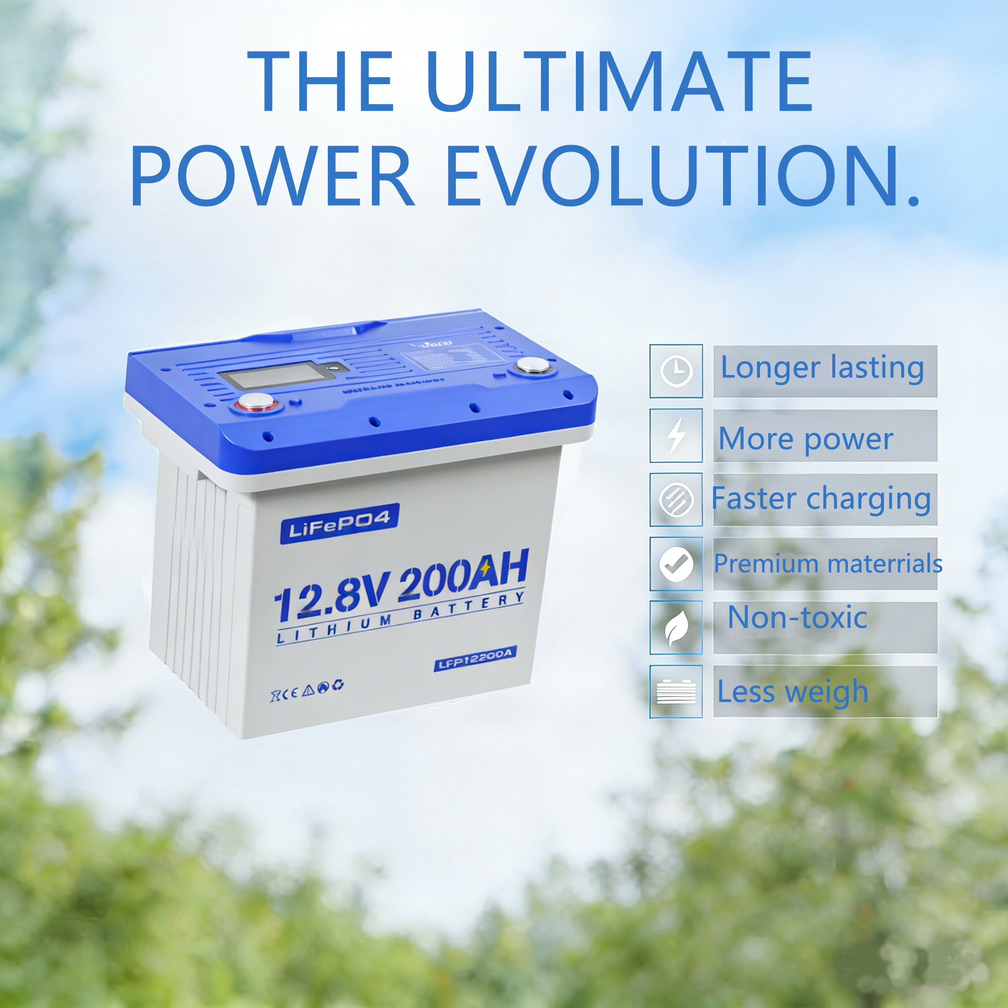 White-cased 12.8V 200Ah LiFePO4 battery with blue top and terminals