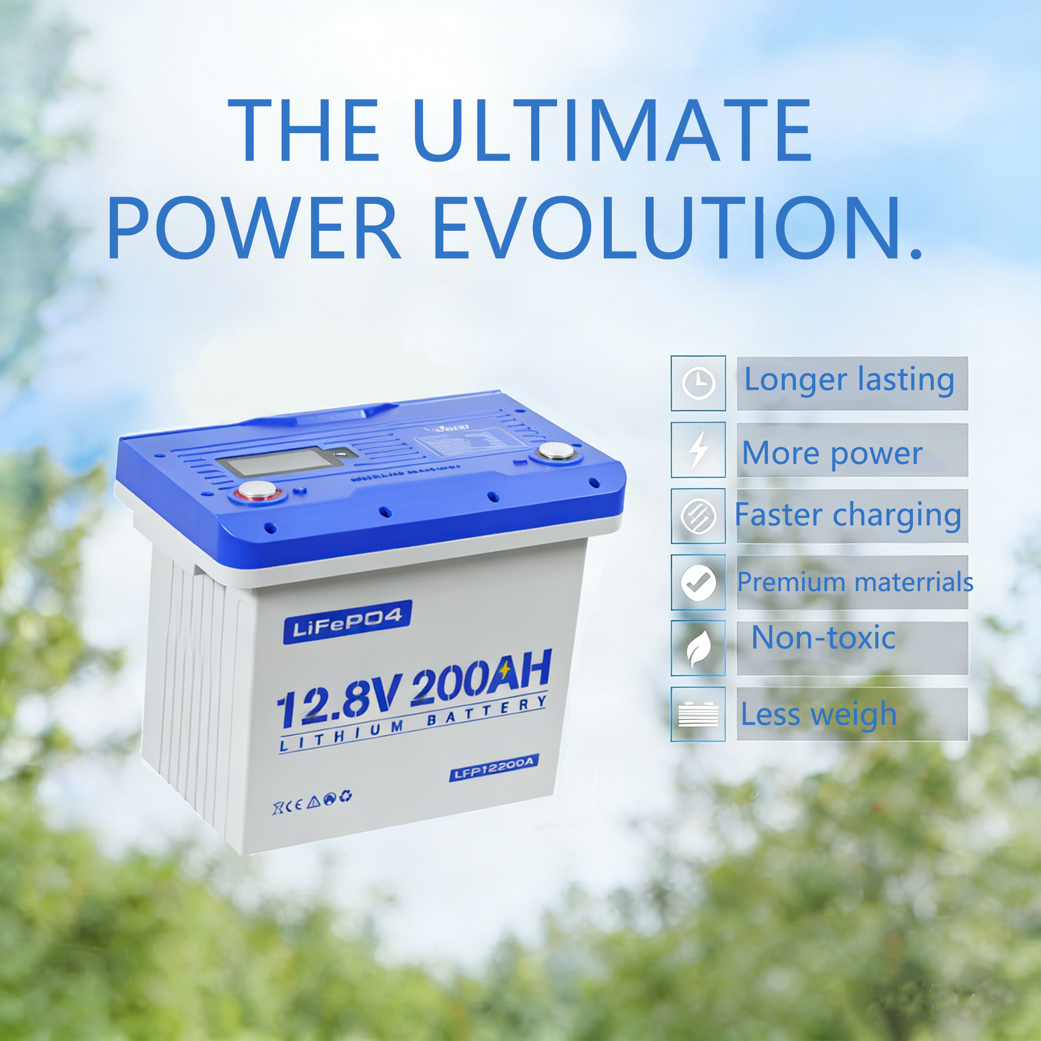 White-cased 12.8V 200Ah LiFePO4 battery with blue top and terminals.