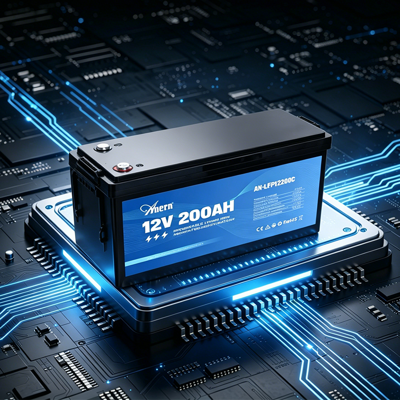 Anern 12V 200Ah LiFePO4 battery with marked parameters and complete safety certifications.