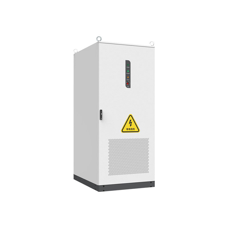 White liquid-cooled integrated ESS cabinet with status indicators and high voltage warning.