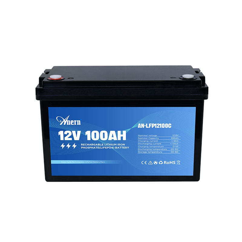 12V 100Ah LiFePO4 rechargeable lithium iron phosphate battery with blue Anern label showing specs.