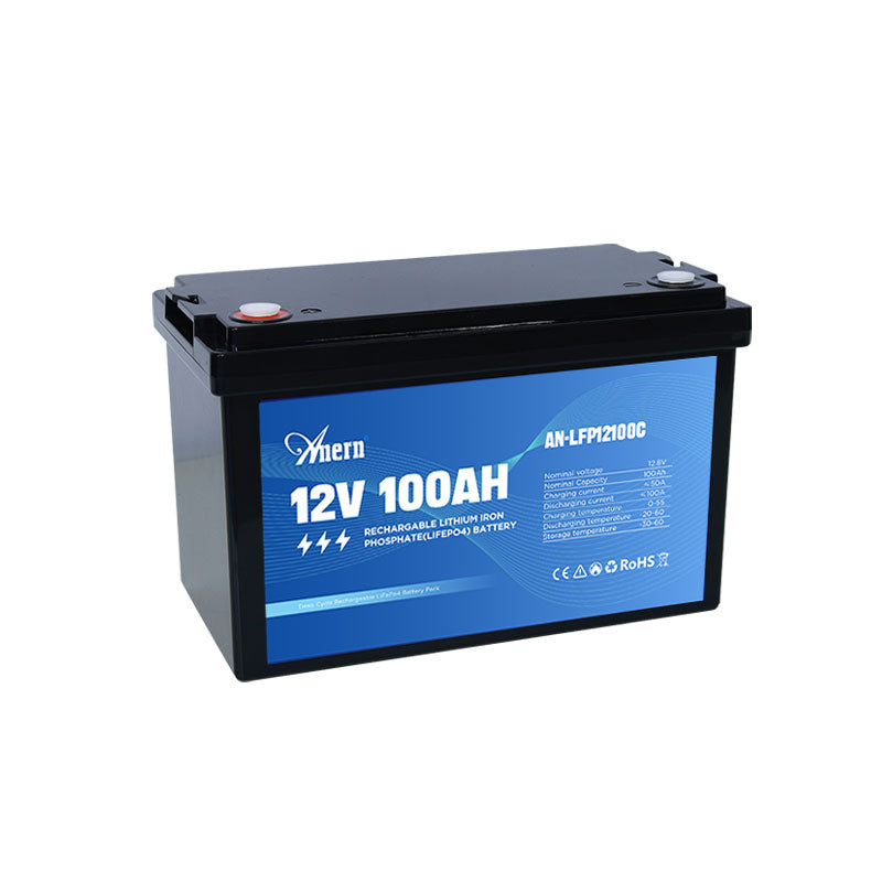 Black 12V 100Ah LiFePO4 lithium rechargeable battery with blue label showing specifications, CE, and RoHS certifications.