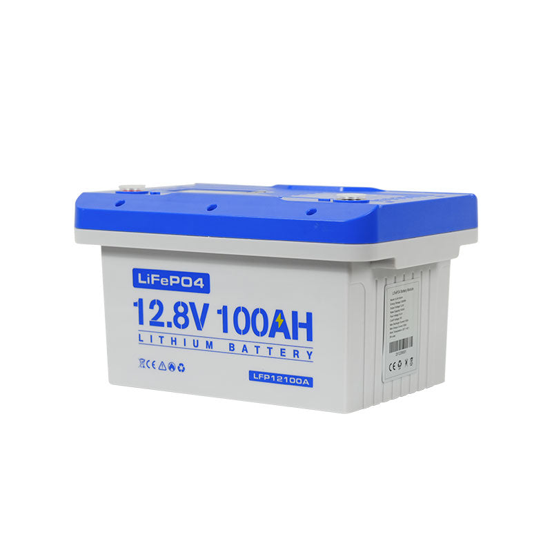 12.8V 100Ah LiFePO4 deep cycle lithium battery with blue and white casing.