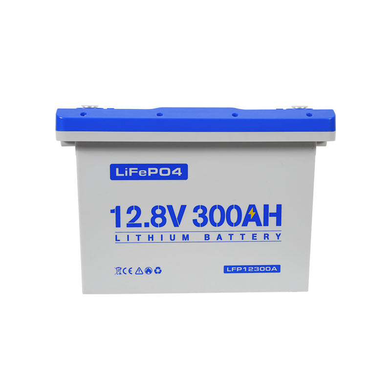 12V 300Ah LiFePO4 lithium battery with blue top and white casing.