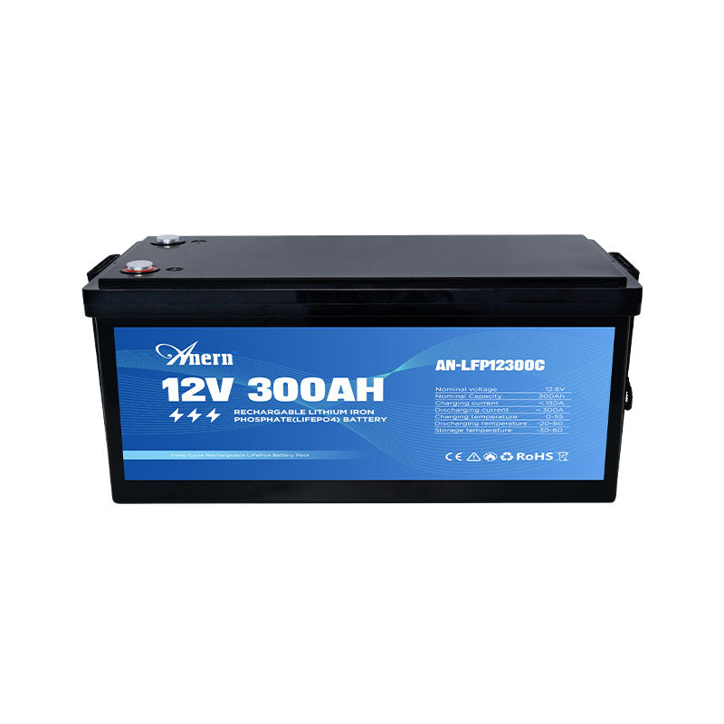 12V 300Ah Lithium Iron Phosphate Battery with specifications listed on label.