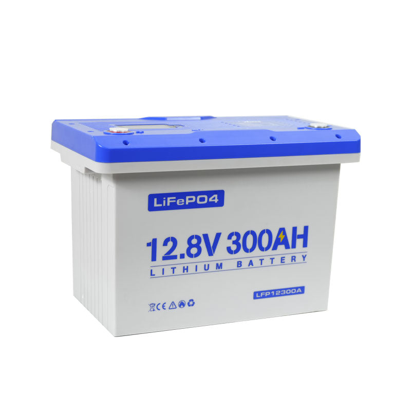 12.8V 300Ah LiFePO4 lithium battery with blue top and white casing.