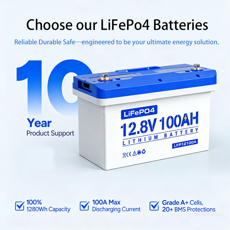Deep cycle 12.8V 100Ah LiFePO4 lithium battery with blue-white housing