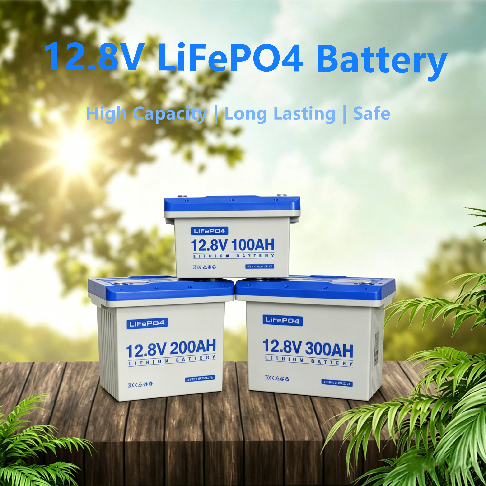 12.8V LiFePO4 batteries in 100Ah, 200Ah, and 300Ah capacities on a wooden surface
