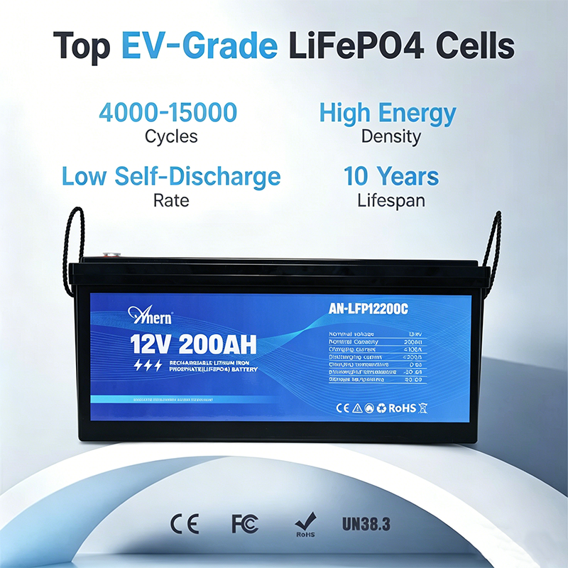 Anern 12V 200Ah lithium battery pack with clear specs and safety certification marks.
