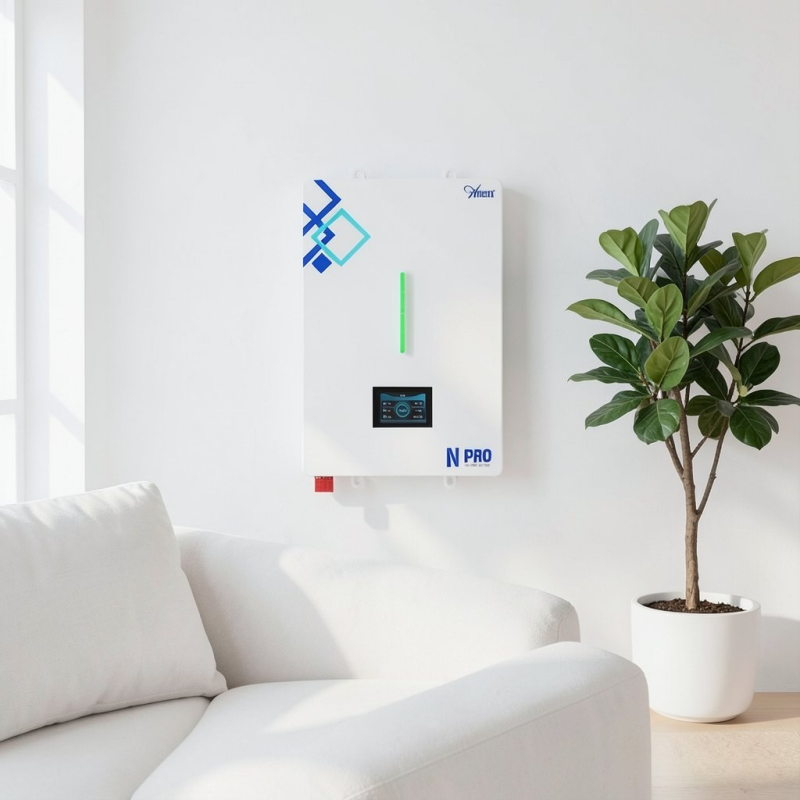 Compact home energy storage unit with 51.2V 200Ah capacity. Wall-mountable design, clear LCD display and blue brand logo included.