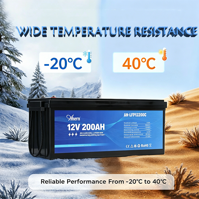 Anern 12V 200Ah LiFePO4 battery works stably from -20℃ to 40℃ for all weather use.