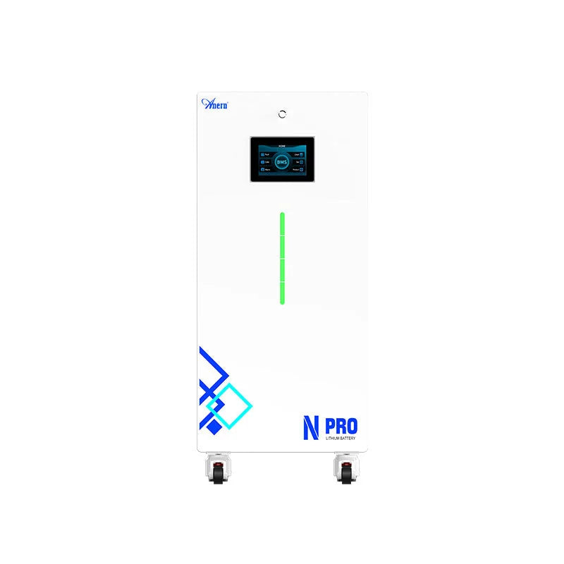 White floor-standing LiFePO4 battery pack with display, blue N PRO logo, and green charge indicator
