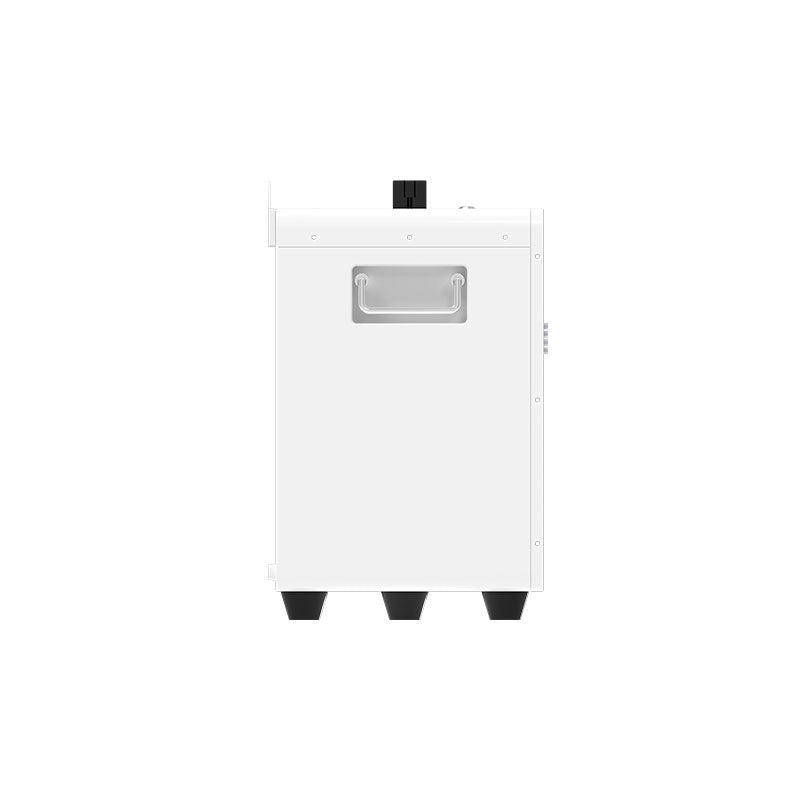 White 51.2V 100Ah LiFePO4 solar battery with integrated handle and three feet.