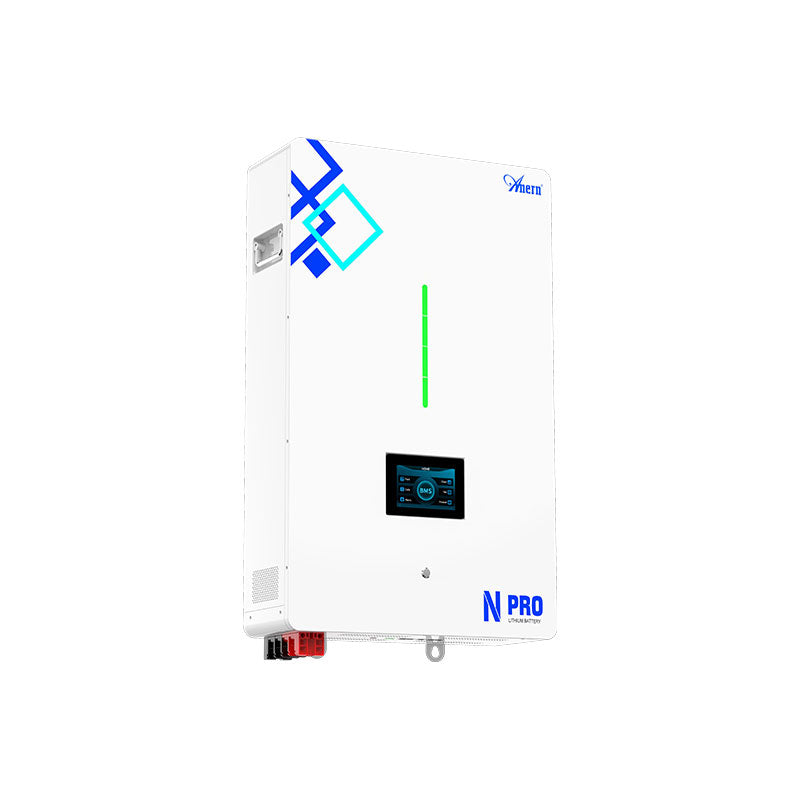 White 51.2V 200Ah wall-mounted lithium solar battery with a digital display and 'N PRO LITHIUM BATTERY' branding.
