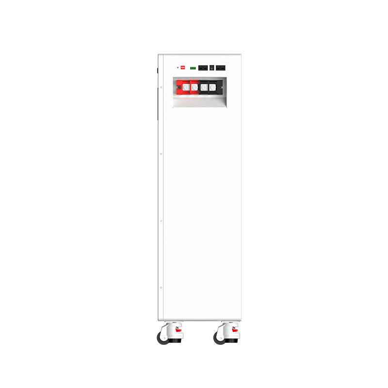 51.2v 300ah floor-standing LiFePo4 lithium ion battery with red and black connectors on top.