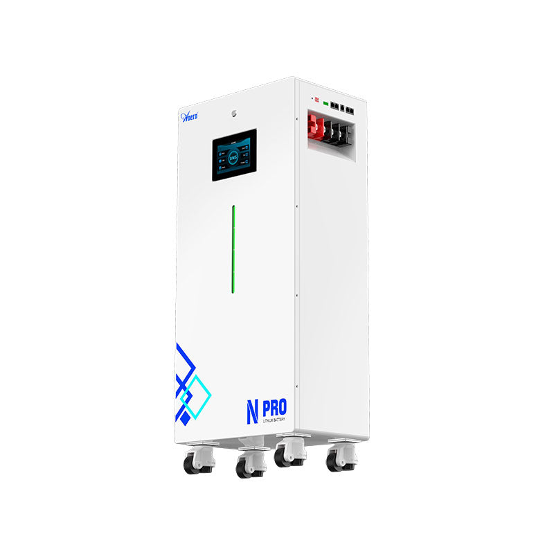 51.2V 300Ah floor-standing LiFePo4 lithium ion battery with touchscreen display and casters.