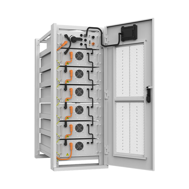 60kWh high voltage lithium-ion phosphate battery module with 6 stacks and visible orange connectors.