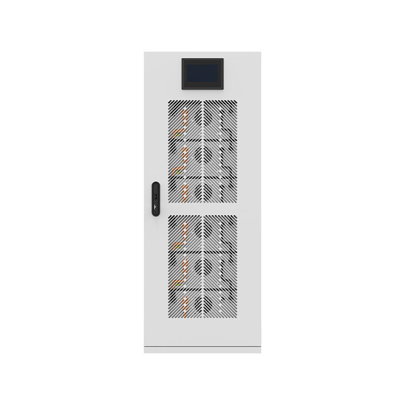 60KWH High Voltage Lithium-Ion Phosphate Battery energy storage cabinet with screen and vented door revealing cables.