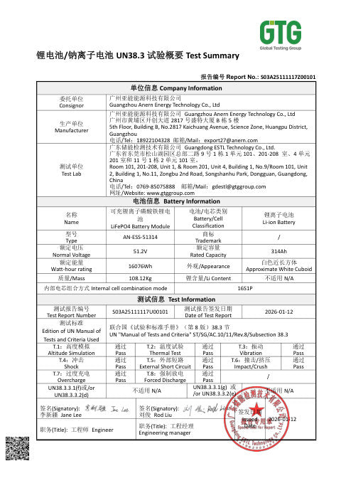 AN-ESS-51314 UN38.3 Test Summary first page