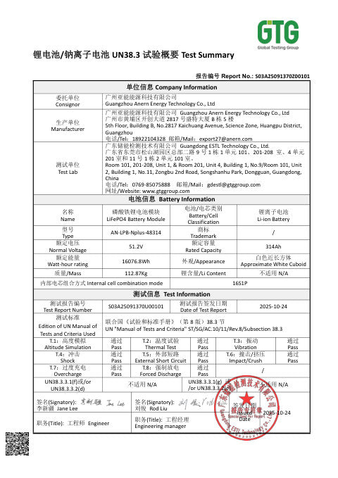 AN-LPB-Nplus-48314 UN38.3 Test Summary first page