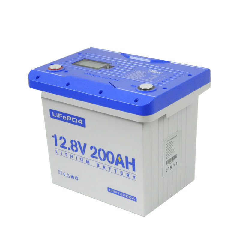 12.8V 200Ah LiFePO4 lithium battery with blue top and white casing, featuring a digital display and terminal connectors.