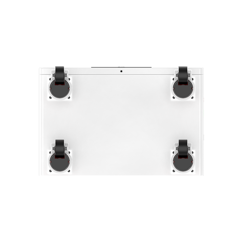 White vertical-standing LiFePO4 battery with four black caster wheels