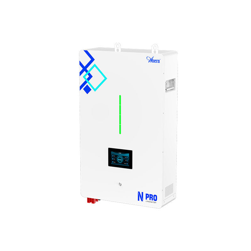 51.2V 200Ah wall-mounted lithium solar battery with N PRO branding and a digital display.