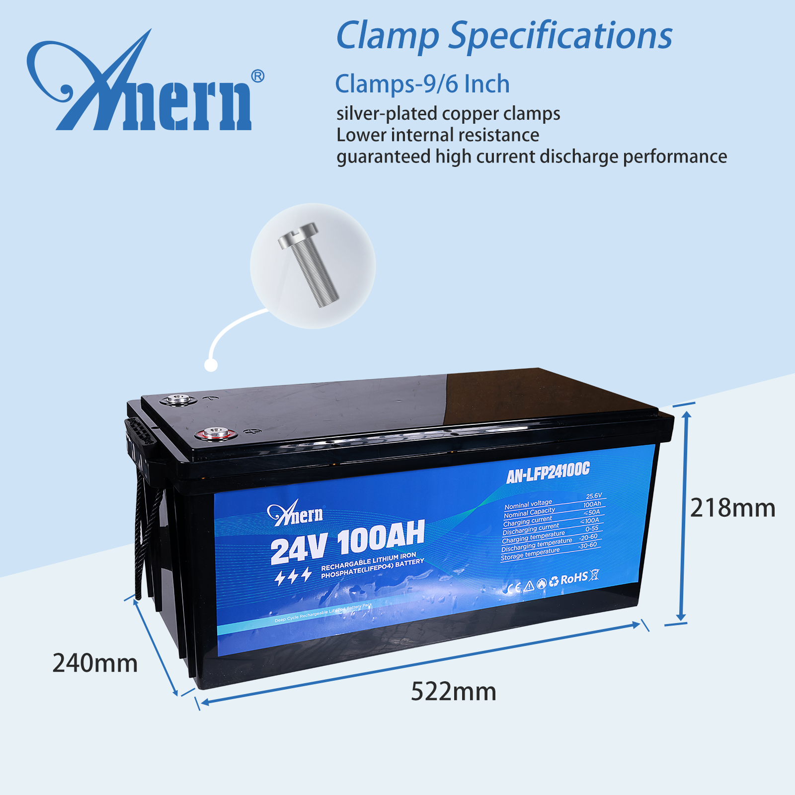 24V 100AH LiFePO4 lithium battery with dimensions and specifications.