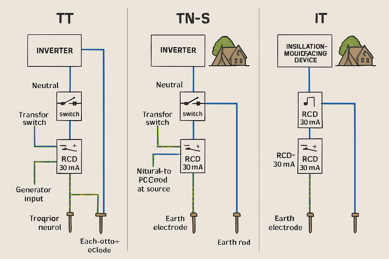 Off-grid campsite safety: Configure neutral and fault paths