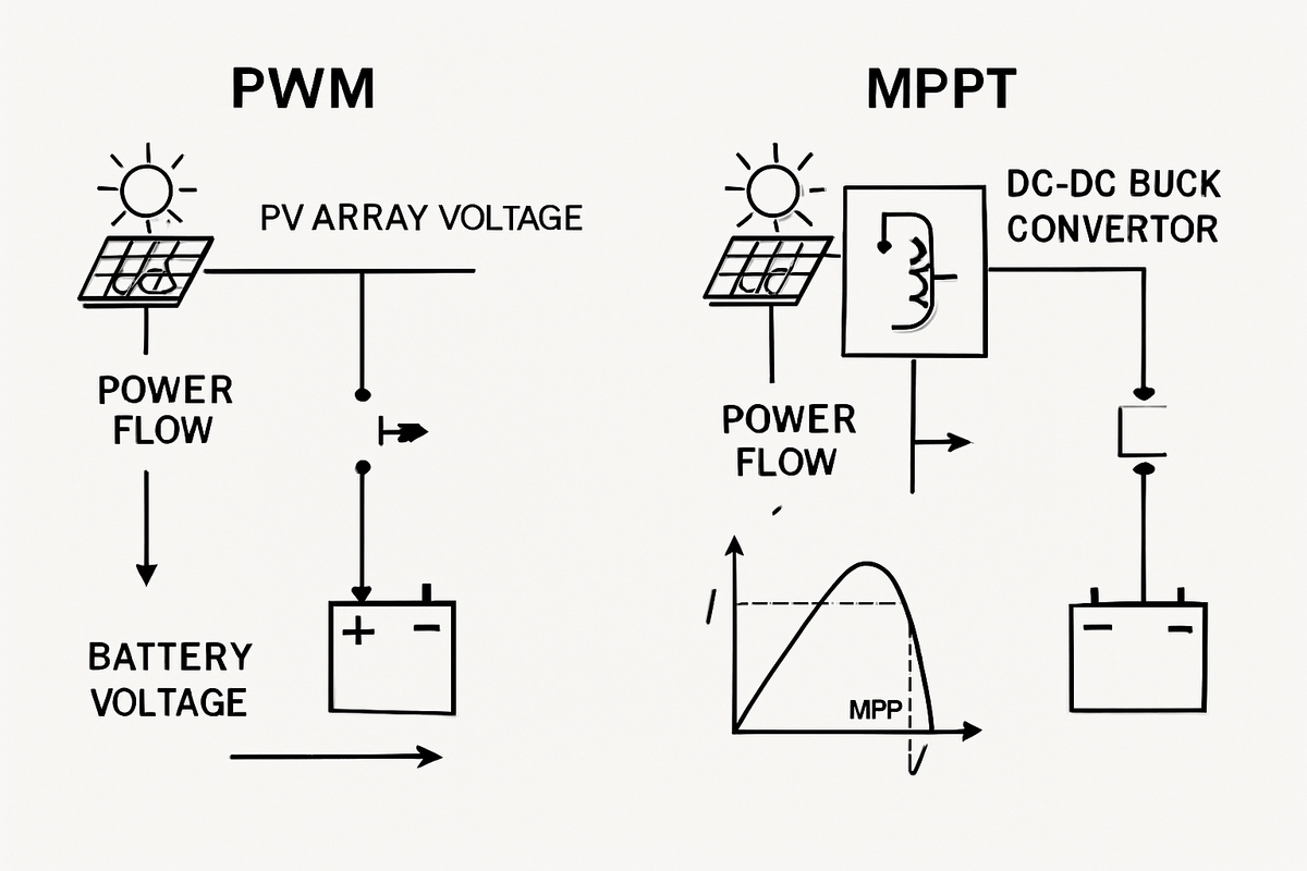 PWM vs MPPT charge controller diagram solar car battery