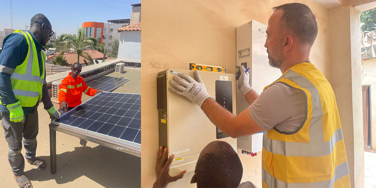 Mali home project showing an Anern EVO 7200 hybrid solar inverter paired with a wall-mounted lithium battery