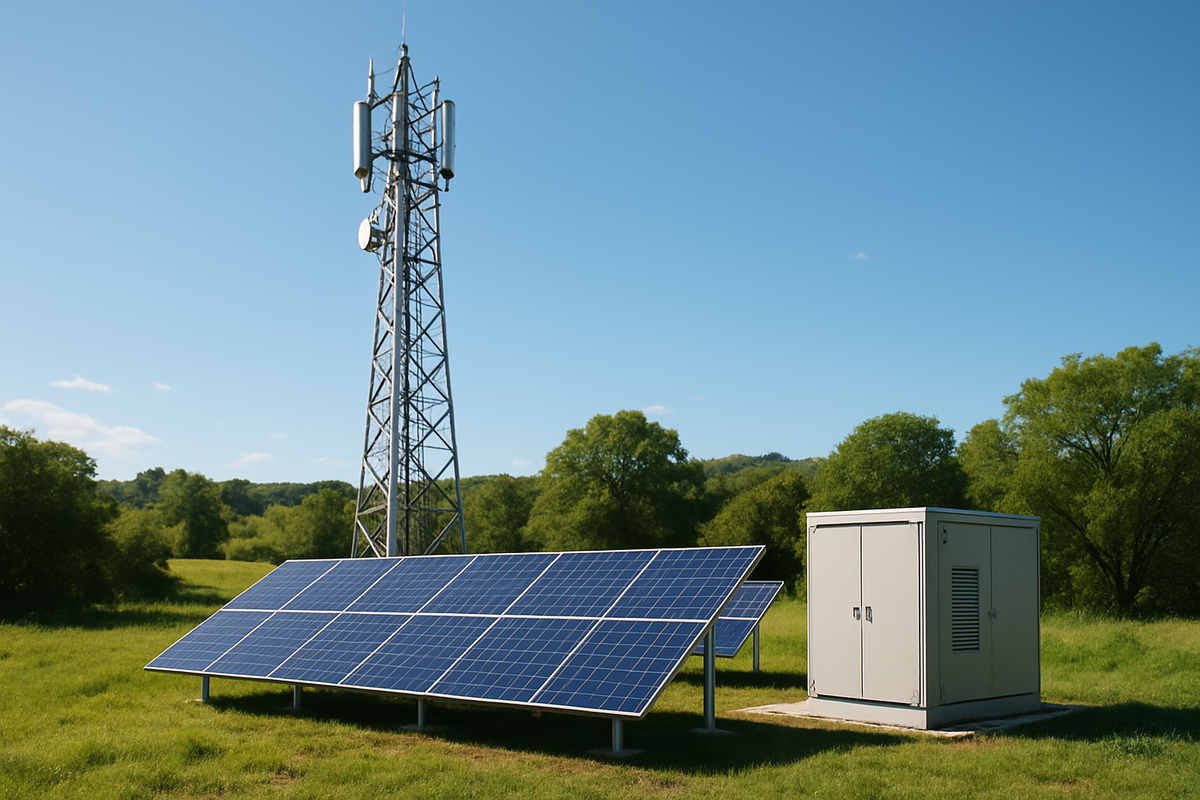 Remote solar-powered telecom tower in rural landscape