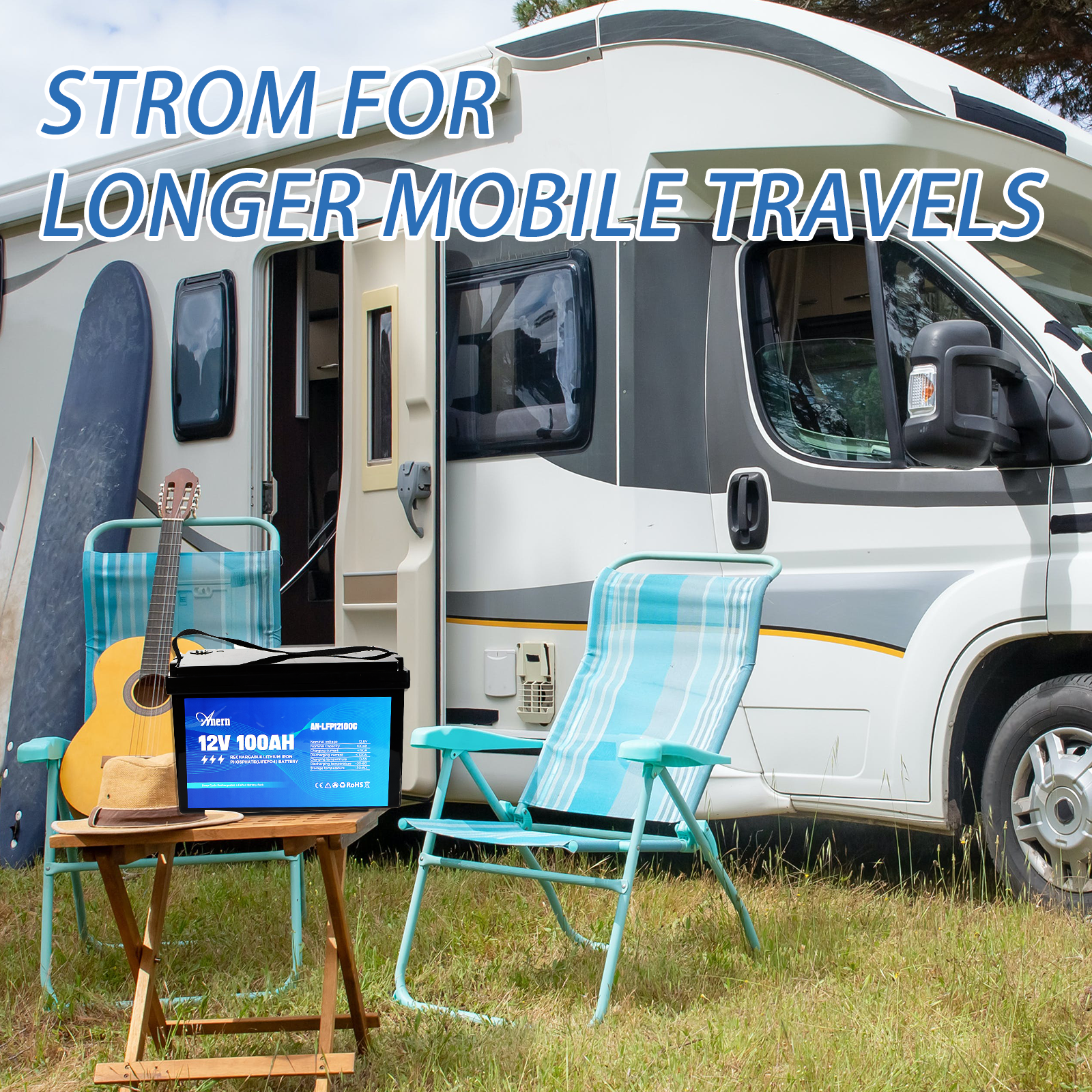 12V 100Ah LiFePO4 battery in front of an RV, ideal for mobile power.