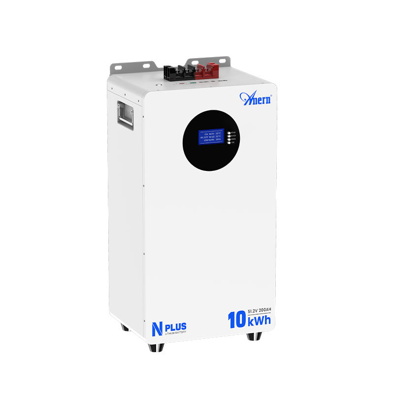 White wall-mounted 10kWh 51.2V 200Ah LiFePO4 solar battery with blue display