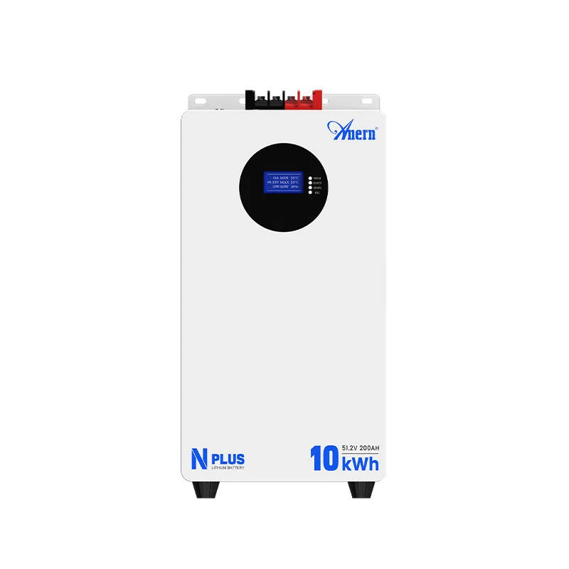 White 10kWh wall mounted LiFePO4 solar battery with circular LCD display and blue N PLUS branding