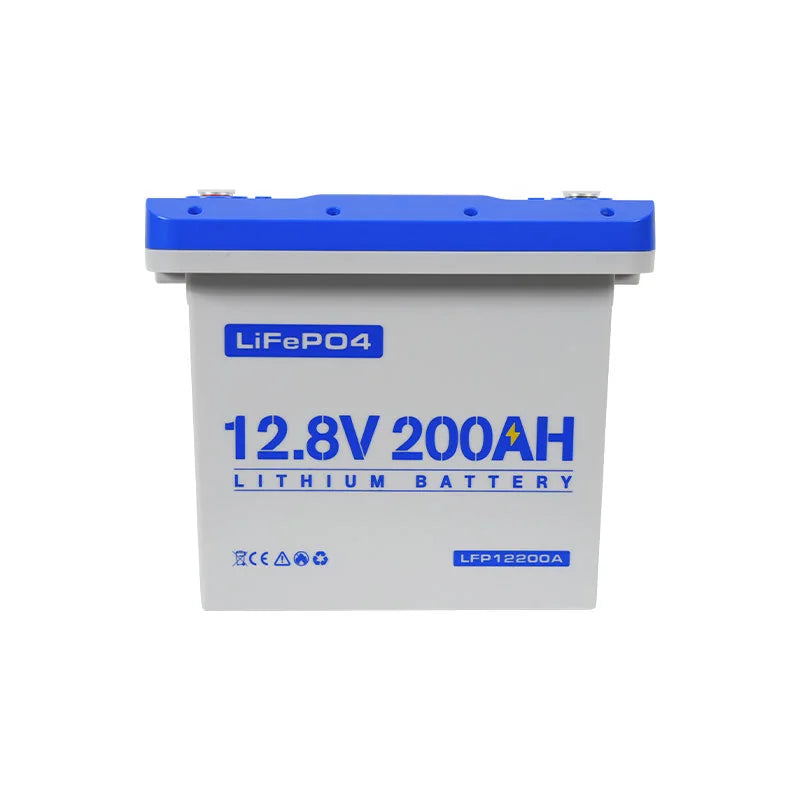 12.8V 200Ah LiFePO4 lithium battery with blue top and white case