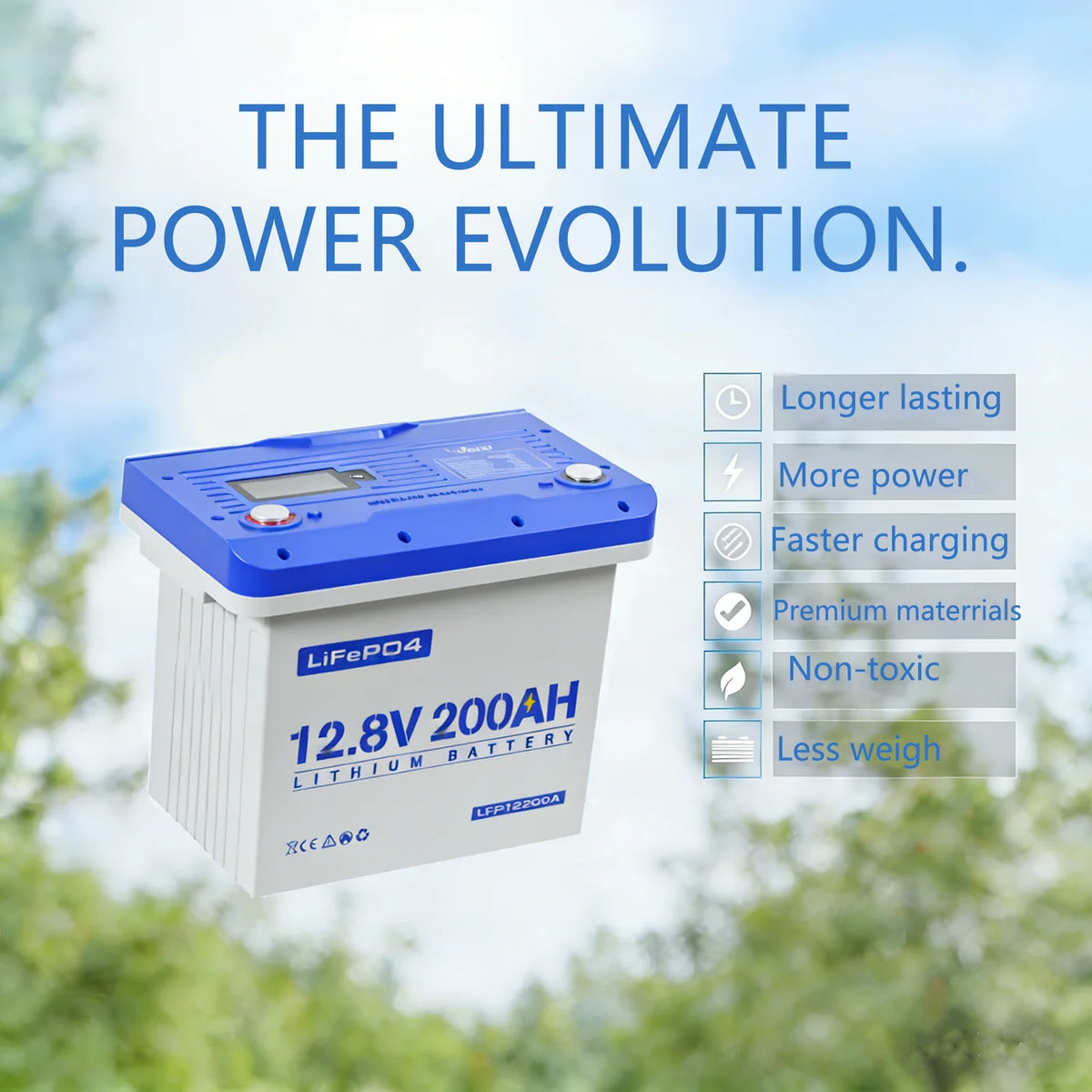12.8V 200Ah LiFePO4 lithium battery with blue top and 2560Wh capacity