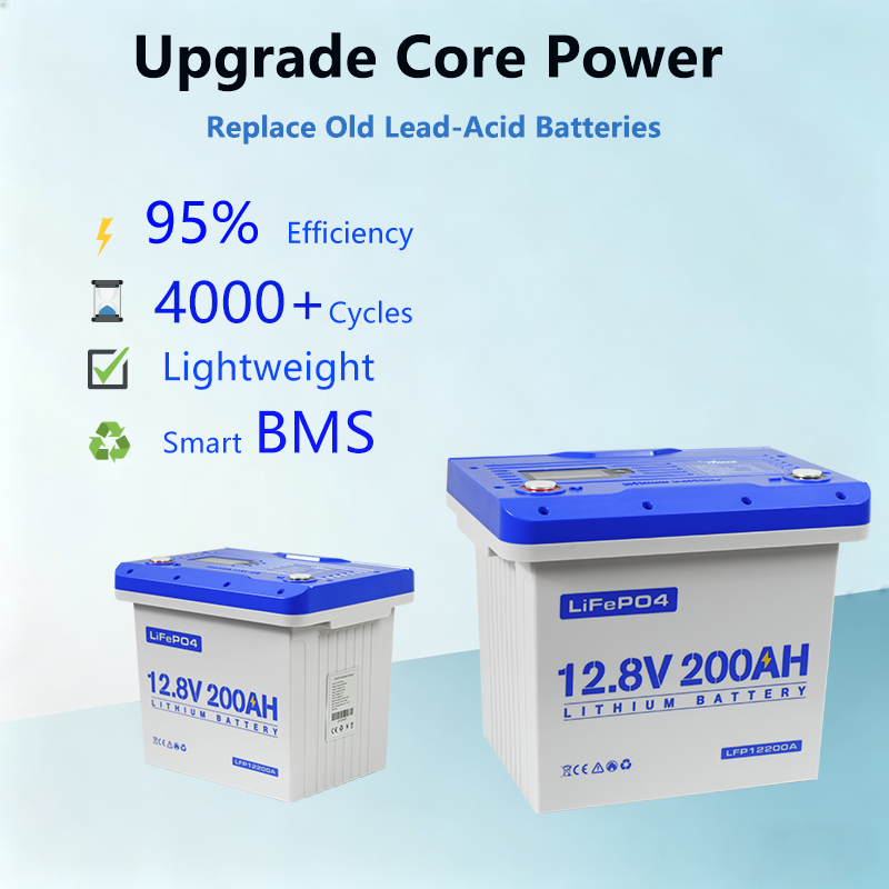 12.8V 200Ah LiFePO4 battery pack with blue top and digital screen