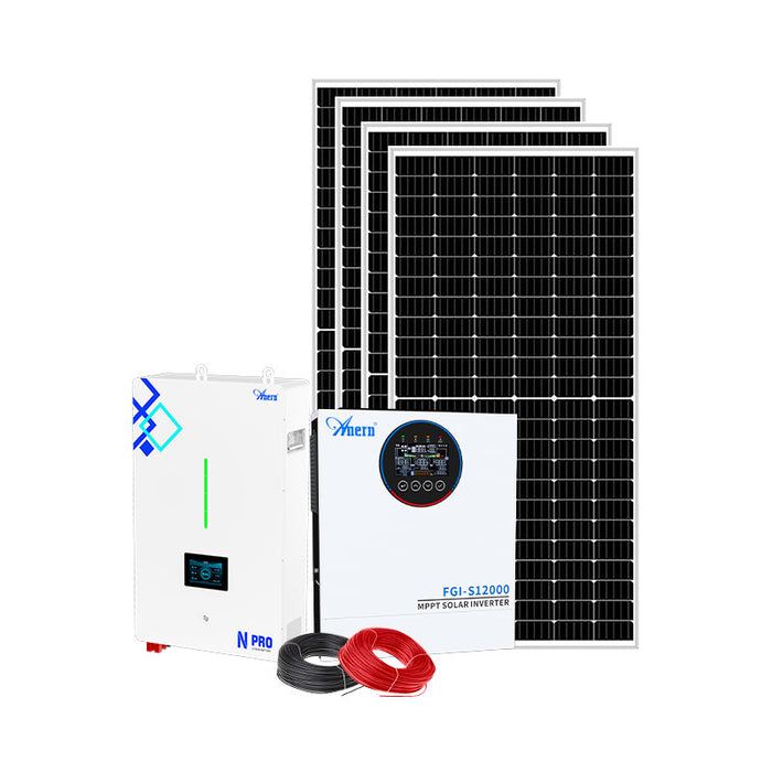 12kW residential off-grid solar power system with solar panels, LiFePO4 battery, inverter, and cables