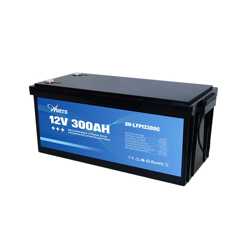 Anern 12V 300Ah LiFePO4 battery with detailed specifications on the blue label, ideal for solar and off-grid power.
