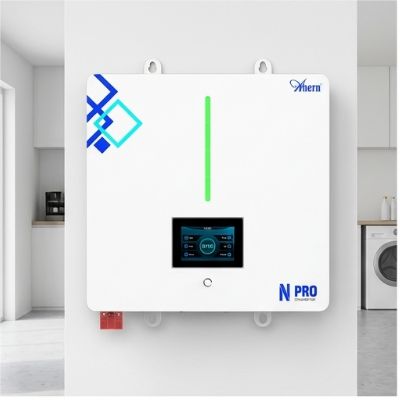 Compact white LiFePO4 solar storage with 25.6V 200Ah capacity and digital status display.