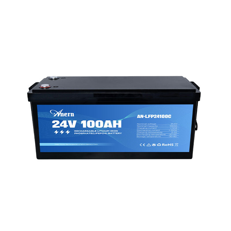 Anern 24V 100AH LiFePO4 lithium battery with product specifications displayed.