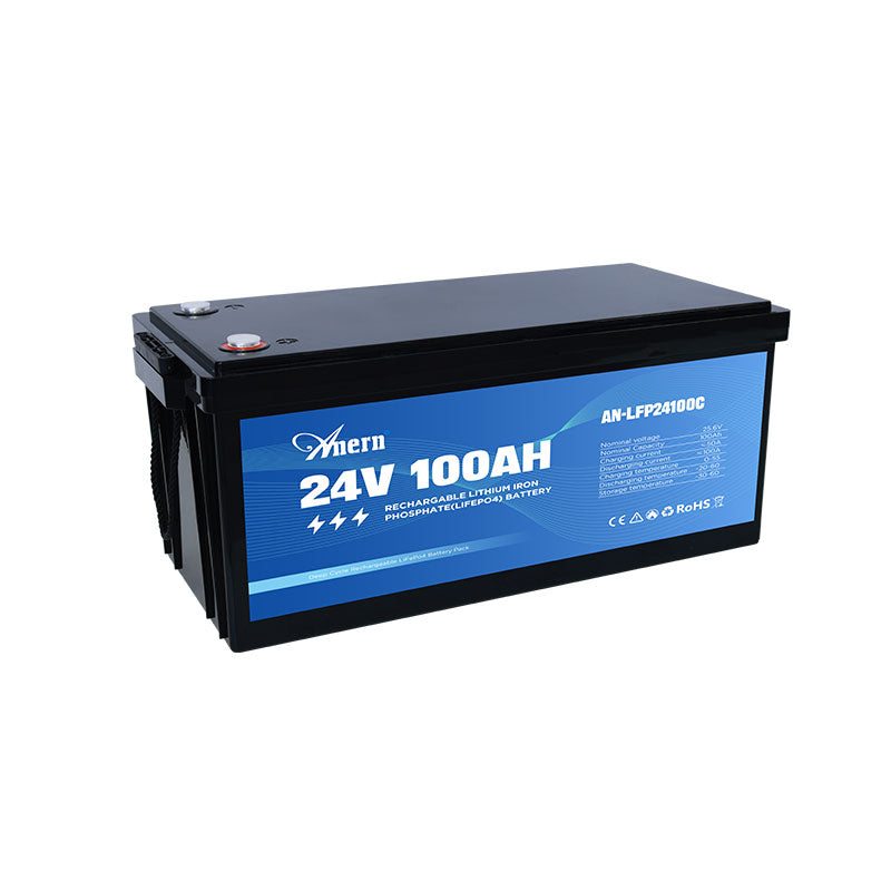 24V 100AH Anern LiFePO4 lithium battery with specifications listed