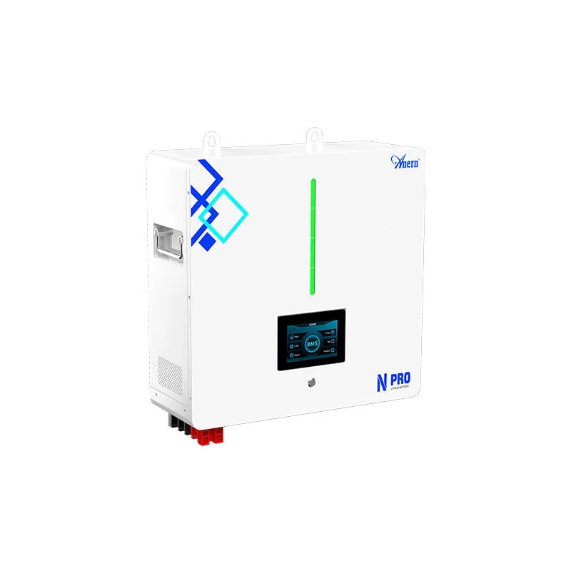 Wall-mounted white LiFePO4 solar battery with digital display and blue-green accents