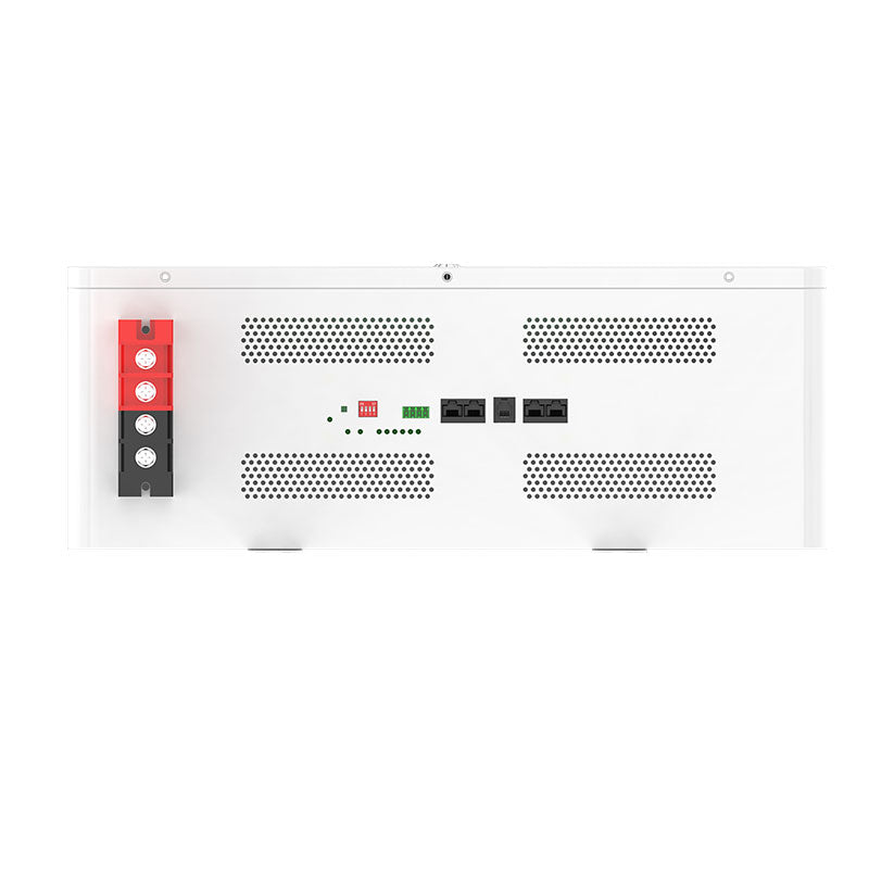 25.6V Lithium battery system components, white, with mounting bracket and interface panel. Ideal for solar battery storage.
