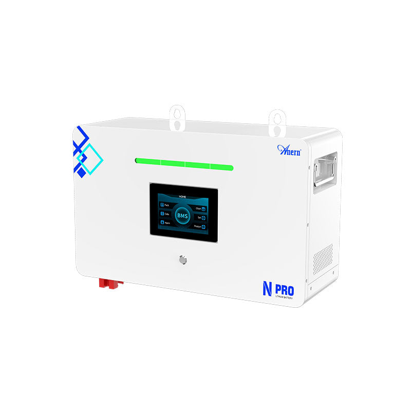 25.6v Lithium Ion Battery, white wall-mounted battery with digital display, optimized for solar energy storage